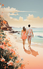 Couple walking hand in hand on a beach, capturing a romantic and serene moment.
