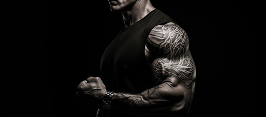 Muscular tattooed man in a dynamic pose, emphasizing strength and determination.