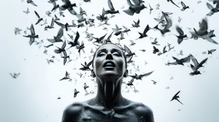 Deurstickers Dramatic black and white image of a woman looking upward as birds emerge from her. © Liana