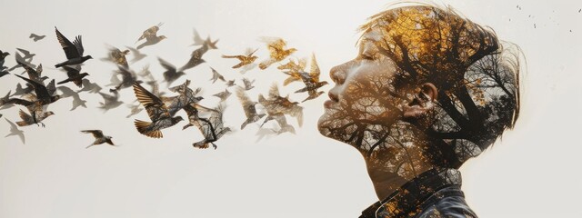 Side profile of a person with head transforming into birds in a surreal art style. - obrazy, fototapety, plakaty