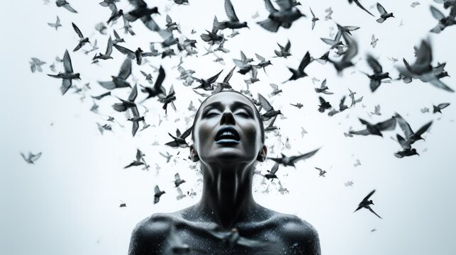 Dramatic black and white image of a woman looking upward as birds emerge from her.