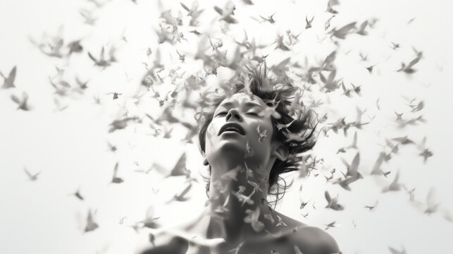 Monochrome portrait of a woman with her head exploding into a flock of birds.