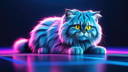 Manul in neon light. 3D rendering. Cat family. Generative AI