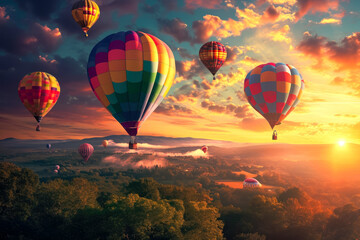 Obraz premium Create a whimsical and enchanting scene of a hot air balloon festival, with colorful balloons floating in the sky and filling the atmosphere with joy