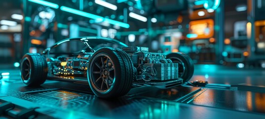 Fototapeta premium 3D graphics rendering showing a fully developed electric vehicle prototype. Translucent image of the body allows to see the layout of components and assemblies. Blue neon lighting.