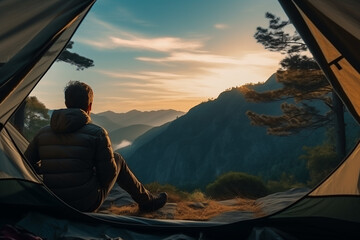 Lonely tourist in jacket sitting in open tent at sunrise, sunset and looking at mountains, beautiful nature