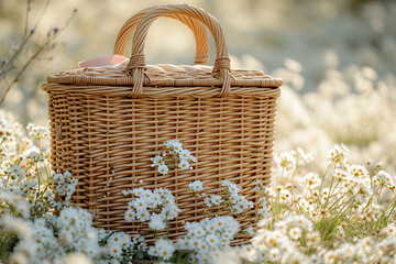 A charming wicker picnic basket nestled in a vibrant field of flowers, offering both practical storage and a picturesque setting for an outdoor gathering