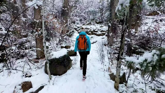 Winter hiking traveller in snow with backpack Aspen Colorado