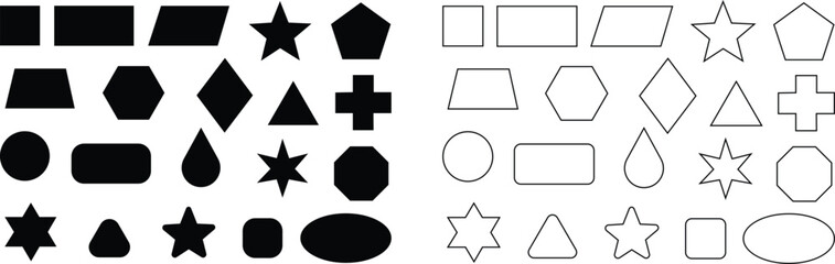 Basic geometric shapes kids, black cute line and flat icons set, cartoon characters isolated on transparent background. Education and children game. Geometric primitives vector collection.