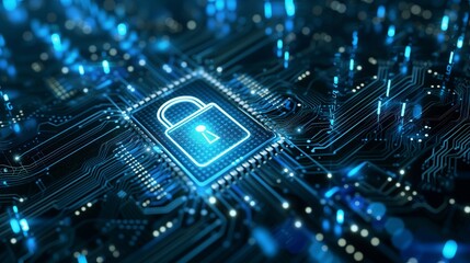 Glowing security lock on intricate circuit board highlighting cybersecurity