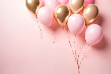 Shiny gold and pink balloons on a light pink soft pastel background. Card for Christmas, wedding, women's day, birthday, Valentine's day, mother's day.