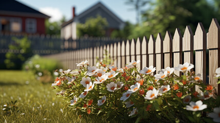 Fototapeta na wymiar Cozy suburban home with a classic wooden picket fence and vibrant flowerbeds under the shade of mature trees