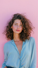 Fototapeta premium Generate a portrait of a woman with curly hair, wearing a blue blouse, and standing in front of a pink wall