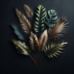 Bouquet of shiny metallic tropical leaves on dark background