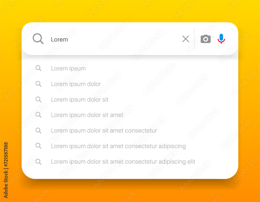 Poster Search Bar with suggestions for UI UX design and web site. Search Address and navigation bar icon. Collection of search form templates for websites. Search engine web browser window template.