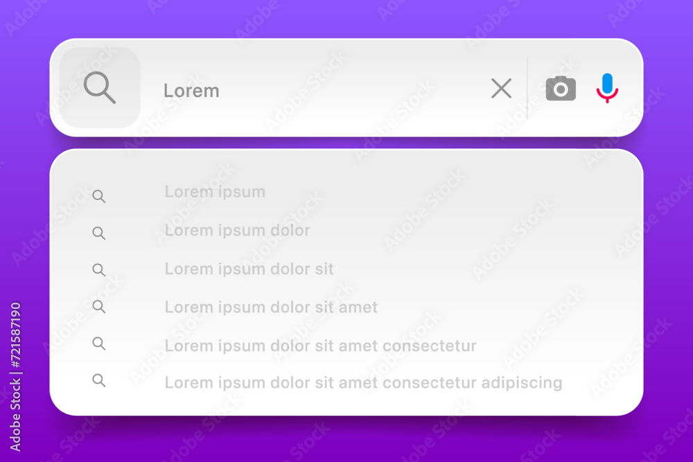 Leinwandbilder Search Bar with suggestions for UI UX design and web site. Search Address and navigation bar icon. Collection of search form templates for websites. Search engine web browser window template.