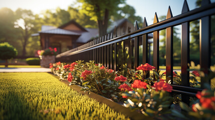 Sunlight filters through a black wrought iron fence onto a vibrant garden of red flowers - obrazy, fototapety, plakaty
