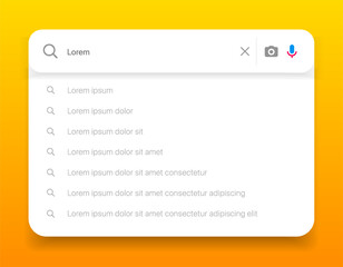 Search Bar with suggestions for UI UX design and web site. Search Address and navigation bar icon. Collection of search form templates for websites. Search engine web browser window template.