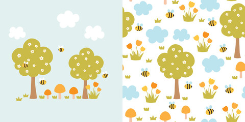 Cute spring card and seamless pattern. Childish background with trees, bees, mushrooms, clouds and flowers. It can be used for wallpapers, wrapping, cards, patterns for clothes and other. - obrazy, fototapety, plakaty