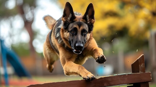 german shepherd dog on the grass, a German Shepherd Dog engaged in agility training, gracefully navigating through obstacles with focus and precision. The dynamic movement captured in the photograph