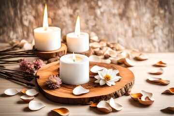 Obraz na płótnie Canvas Vintage style picture of white ceramic candle aroma oil lamp dry flower petals on natural pine wood disc, dry background with copy space