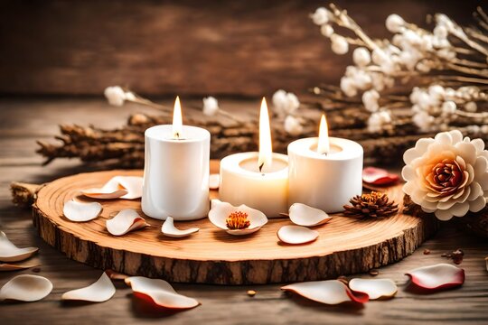 Vintage style picture of white ceramic candle aroma oil lamp dry flower petals on natural pine wood disc, dry background with copy space