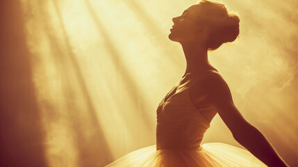 Portrait of gentle ballerina in spotlight, vintage background - obrazy, fototapety, plakaty