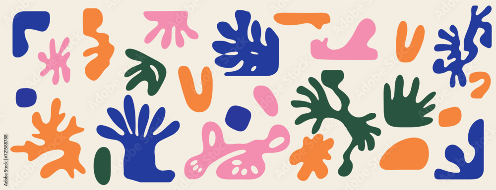 Poster abstract organic shapes that resemble leaves and flowers. vector set of shapes inspired by fauvism s