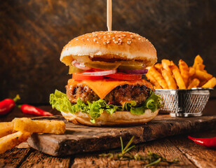 product photo of juicy burger and fries, rustic, food photography