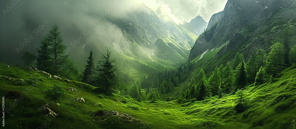 Sticker captivating wild nature landscape: fresh green season unveils its majestic beauty