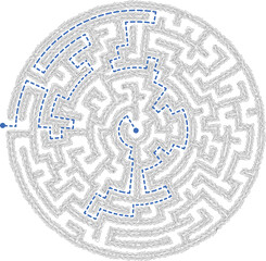 Doodle circular maze. Top view of the round labyrinth in simple hand drawn style with solution - blue passing route. Vector illustration of education logic game for kids isolated on white background