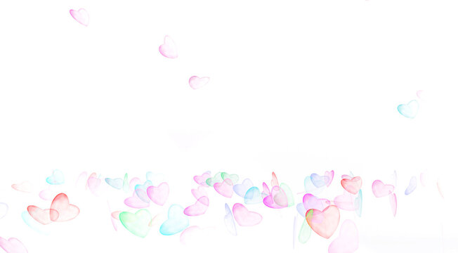 Subdued pastel watercolor hearts on white background with copy space
