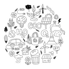 Ecology hand drawn set. No plastic, go green, Zero waste concepts, reduce, reuse, refuse, eco-car and house, grocery bags and ecological lifestyle. Isolated linear outline vector eco doodles.