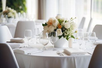 A white themed table setting with a floral centerpiece creates a romantic atmosphere for a refined event. The light filled restaurants or banquet room for wedding and other celebrations