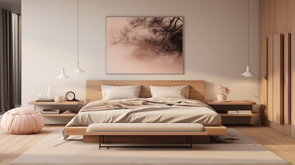 Elegant bedroom interior with natural wood furniture, soft lighting, and a large abstract art piece