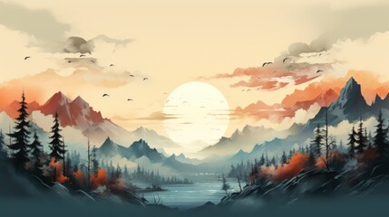 Watercolor landscape featuring a mountain view, Misty mountains watercolor background. Beautiful simple painting of mountains. - obrazy, fototapety, plakaty