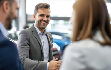 Saleswoman talking to couple while selling them car in showroom