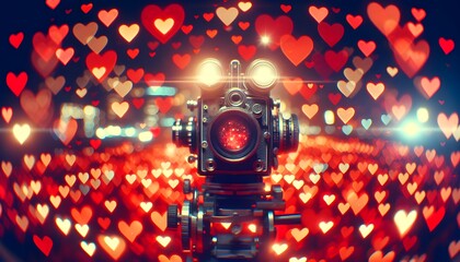 Festive background with hearts blurred lights and bokeh with retro photo camera for wedding and Valentine's day. Favorite memories