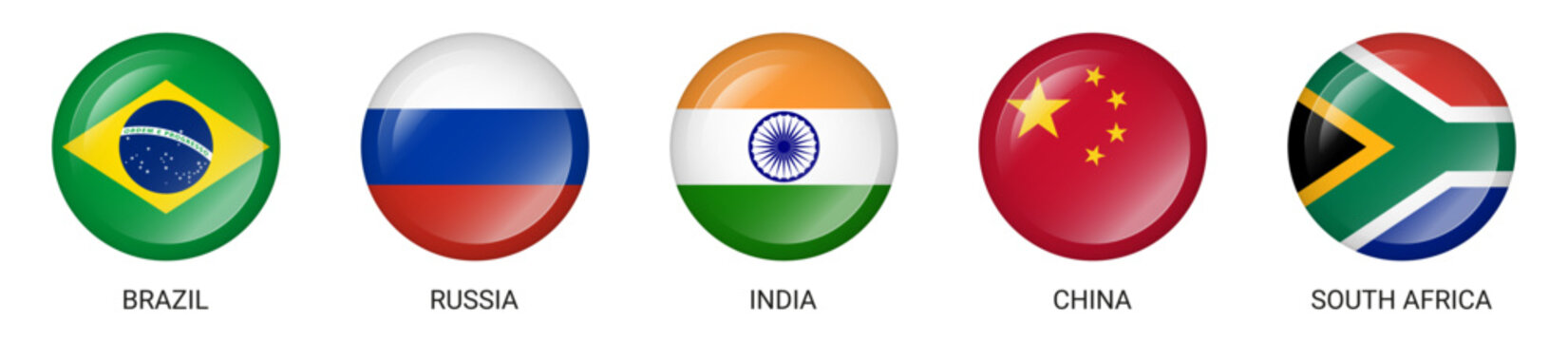 Round buttons with flags of BRICS member countries. Vector on transparent background.