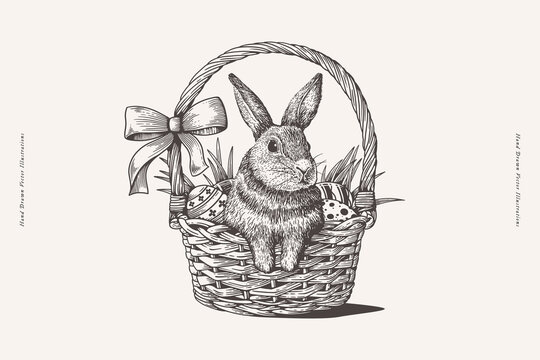 Adorable bunny in a wicker basket with a bow, grass and painted eggs. Cute rabbit and Easter eggs in engraving style. Festive illustration for Happy Easter. Design element for spring holiday.