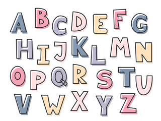 Colored hand drawn English alphabet. Outline children's font in pastel color. Line drawn letters isolated on white. Cute kids vector illustration for design