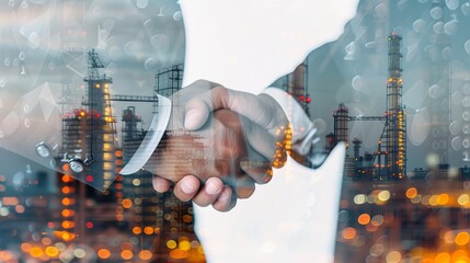 Double exposure of businessman handshake on industrial background