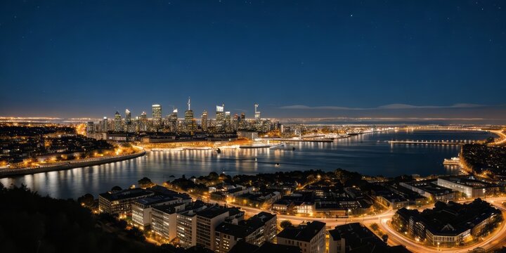 The city's skyline shines with a reflection on the waterfront, under a vast sky dotted with stars, combining urban brilliance with natural wonder.
