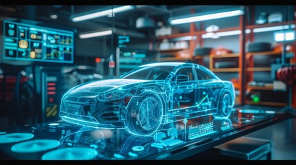 EV electric vehicle technology industry concept, futuristic virtual graphic touch user interface on screen with auto repair garage blurred on background - obrazy, fototapety, plakaty