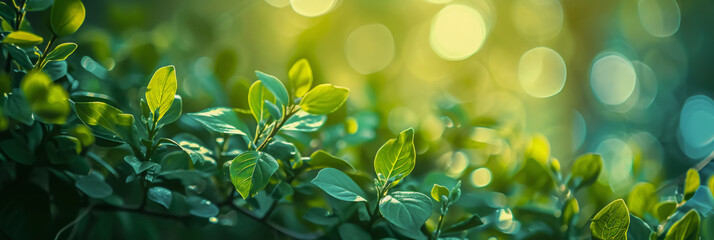Closeup of fresh green leaves on nature background with sunlight