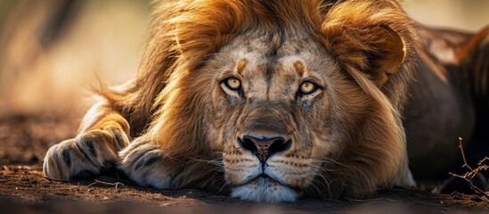 Stunning African Lion: Close-Up Portrait of Majestic Animal Lying in Intense Close-Up Portrait,...