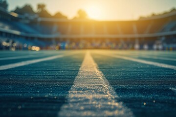 football stadium, its grandeur accentuated by the golden hour light. The blurred background an...