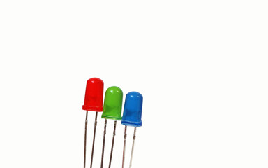 Isolated red-green-blue leds on a white. Light emitting diodes. RGB colors.