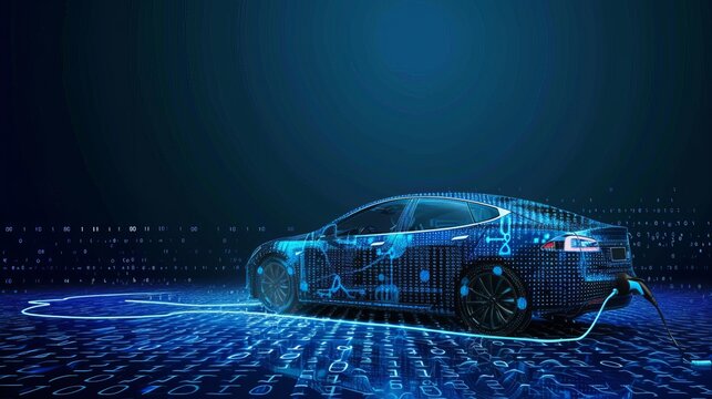 Future EV car electric plug and battery charger blue abstract digital binary code background. Alternative and sustainable energy concept. New futuristic system technology symbol. Vector illustration