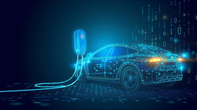 Future EV car electric plug and battery charger blue abstract digital binary code background. Alternative and sustainable energy concept. New futuristic system technology symbol. Vector illustration